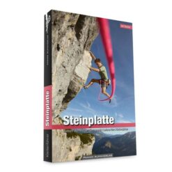 Cover des Kletterführers Steinplatte mit Kletterer in grauem Fels und blauem Himmel.