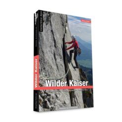 Cover des Kletterführers Wilder Kaiser mit Kletterer in Quergang und Talboden im Hintergrund.