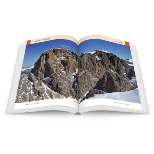 Doppelseite aus dem best Of Dolomiten Kletterführer mit großer Felswand.