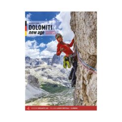 Cover des Dolomiti New Age Sportkletter Mehrseillängen Führers mit Kletterer in roter Jacke vor Bergkulisse.