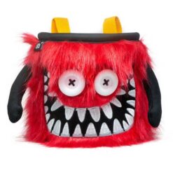 Rotes 8b+ Monster Chalkbag mit großem Mund und weißen Knopfaugen.