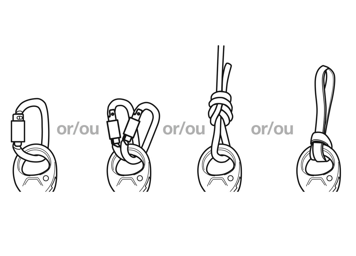 Grafik zur Aufhängungsöse von Petzl Seilrollen mit verschiedenen Ausrüstungsgegenständen eingehängt.